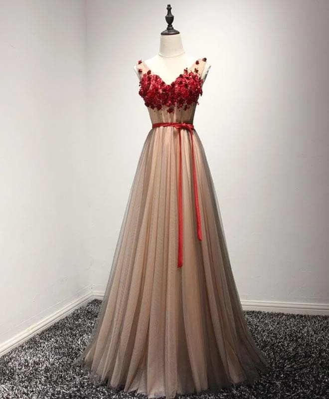 A Line V Neck Tulle Lace Long Prom Dress, Evening Dress