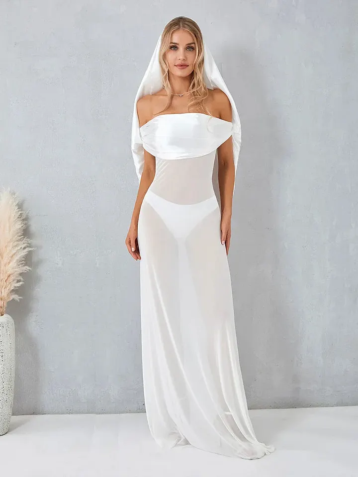 Runhufu Off-Shoulder Mesh Sheer Ruched Hooded Long Dress Women's See-Through  Backless Dresses Vestidos Cocktail Party Beach Club