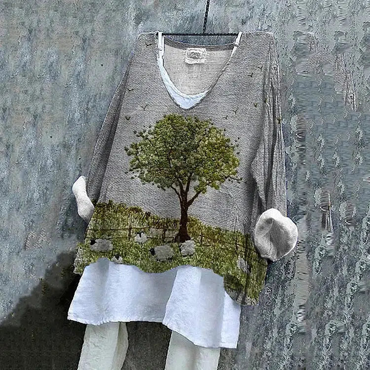 Baggy Tree Print Long Sleeve V-Neck Top