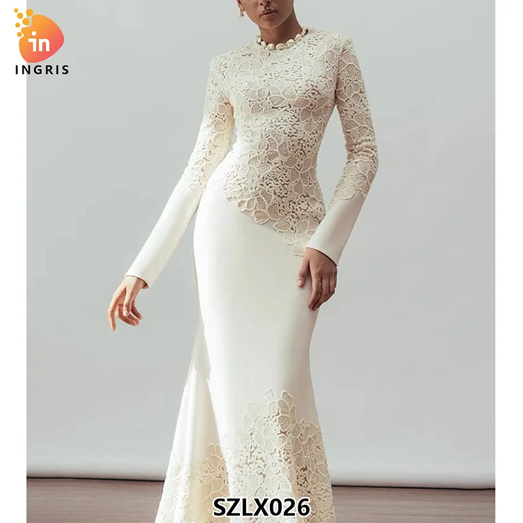 Women's Elegant Evening Dress New Design Mandarin Collar Long Sleeve Lace Anti-Static Party Floor-length Dress-SZLX026