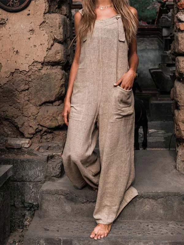 Vintage Casual Cotton Linen Wide Leg Jumpsuit