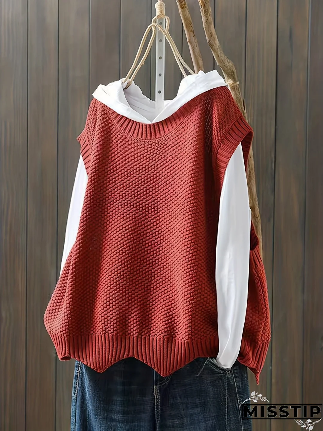 Solid Crew Neck Knitted Vest, Casual Sleeveless Loose Sweater, Women's Clothing