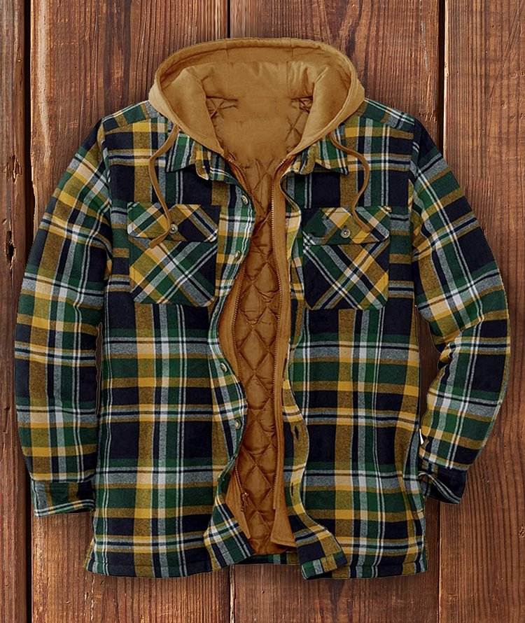 Men's thick cotton-padded jacket for autumn and winter, plaid long-sleeved loose-fitting hooded jacket