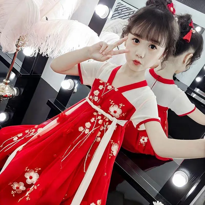 baby girl dress 2-11 years old Hanfu children Tang costume Classical little fairy baby girl clothes Ethnic embroidered flower