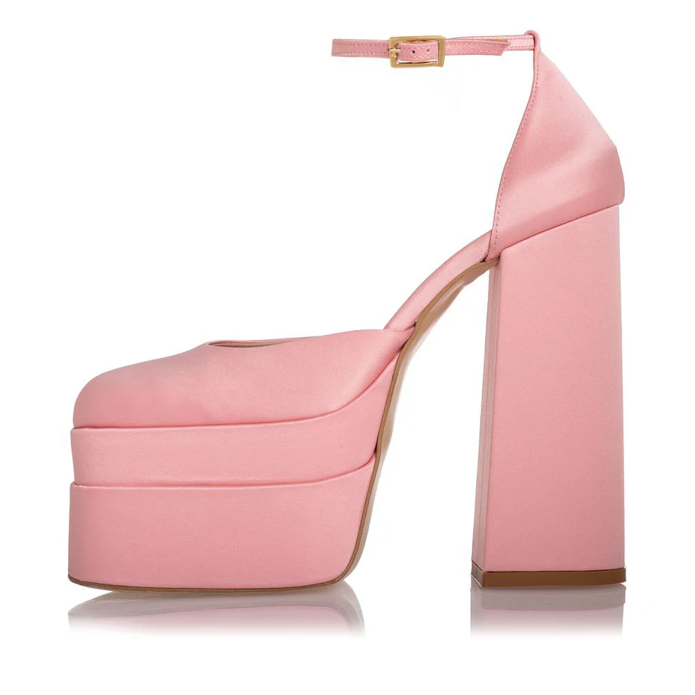 Light Pink Satin Square Toe Ankle Strap Chunky Heels with Platform