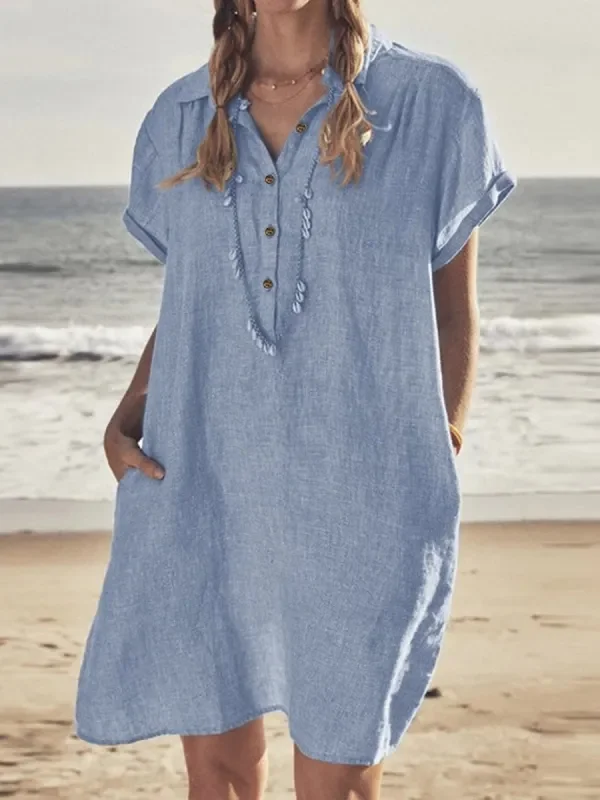 Casual Solid Lapel Pocket Linen Beach Short Dress