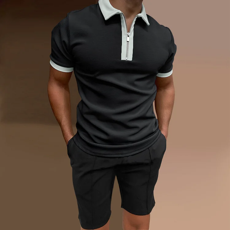 BrosWear Fashion Colorblock Short Sleeve Polo Shirt And Shorts Two Piece Set
