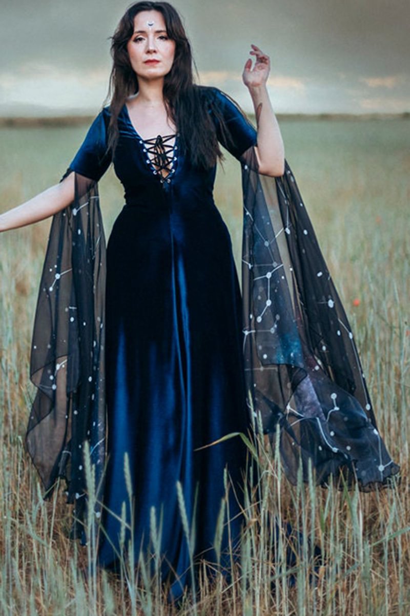 Medieval Blue Party Corset Lace Up Sequin Velvet Flare Sleeve A-line Maxi Dress [Pre-Order]