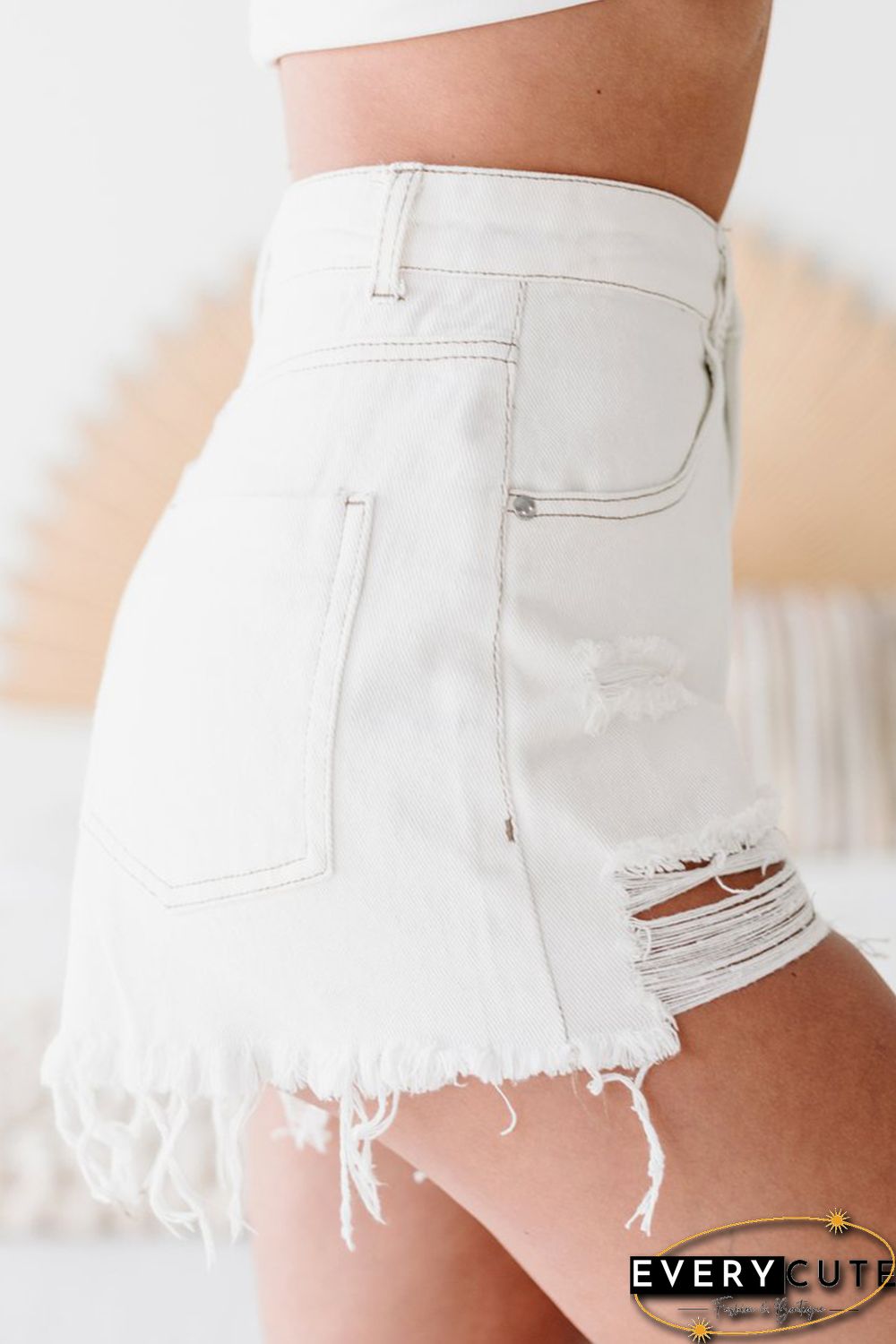 White Frayed High Waist Denim Shorts