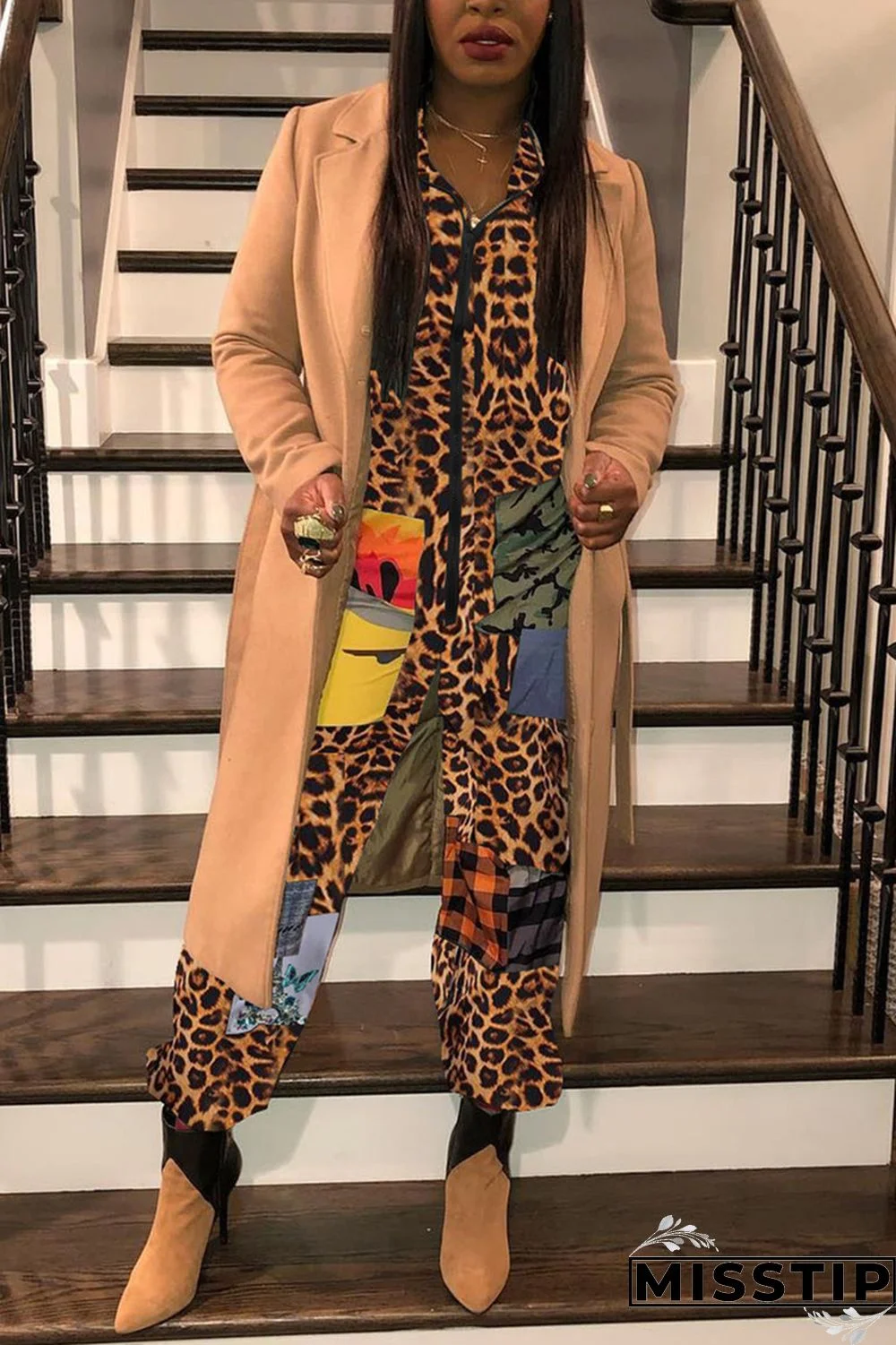 Leopard print Chemical fiber blend Sexy zipper Leopard Print Camouflage Zippered Zipper Plus Size