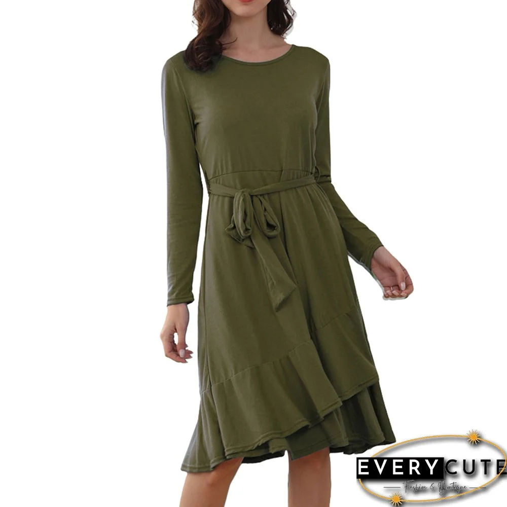 Army Green Ruffled Hem Tie Waist Long Sleeve Casual Dress