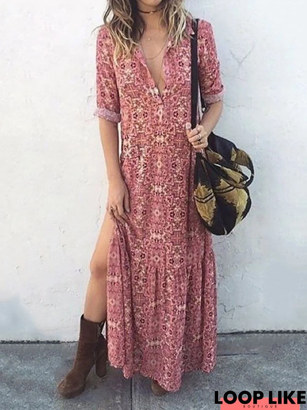 Printed Long Sleeve Slit Dress