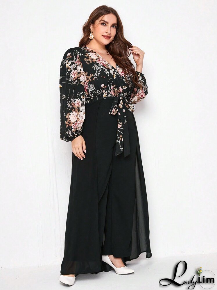 Plus Floral Print Lantern Sleeve Wide Leg Jumpsuit With Skirt