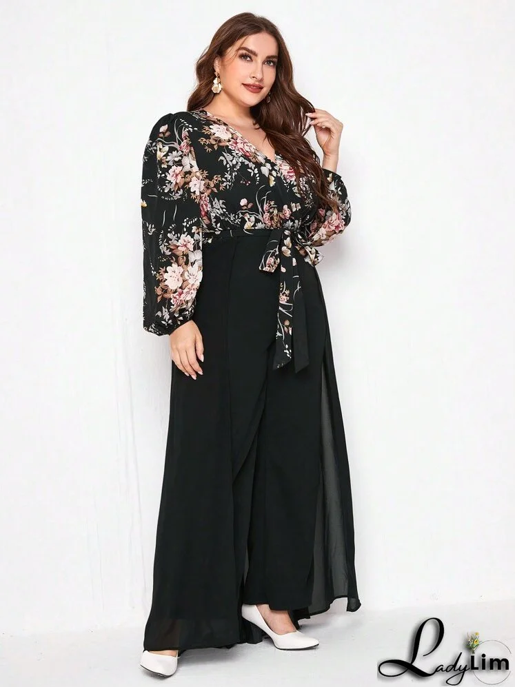 Plus Floral Print Lantern Sleeve Wide Leg Jumpsuit With Skirt