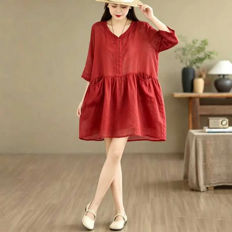 Loose Solid Color V-Neck Dress