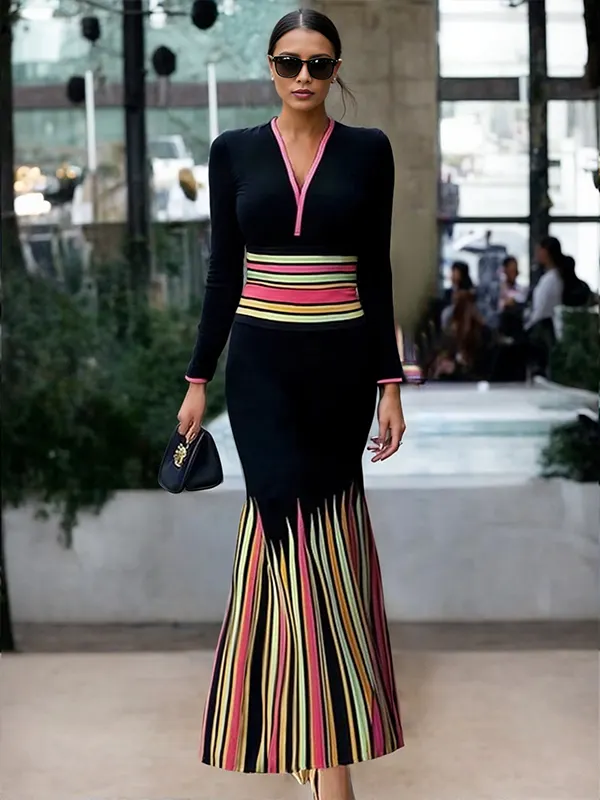 V neck backless metallic print contrast cami maxi dress