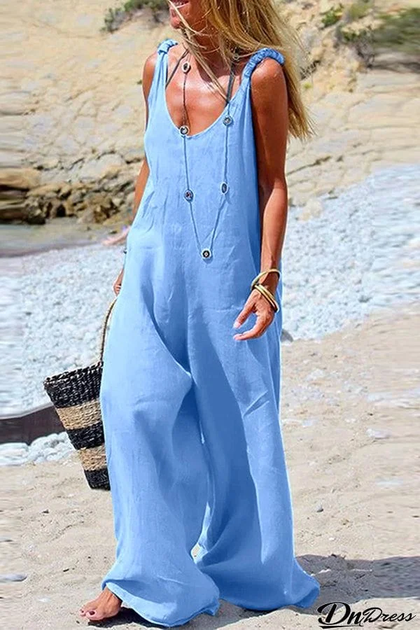 Solid V Neck Wide Leg Slip Jumpsuits