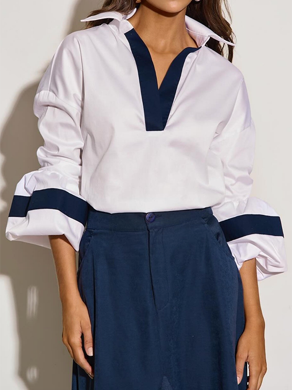 Loose Puff Sleeves Split-Joint Lapel Blouses&Shirts Tops