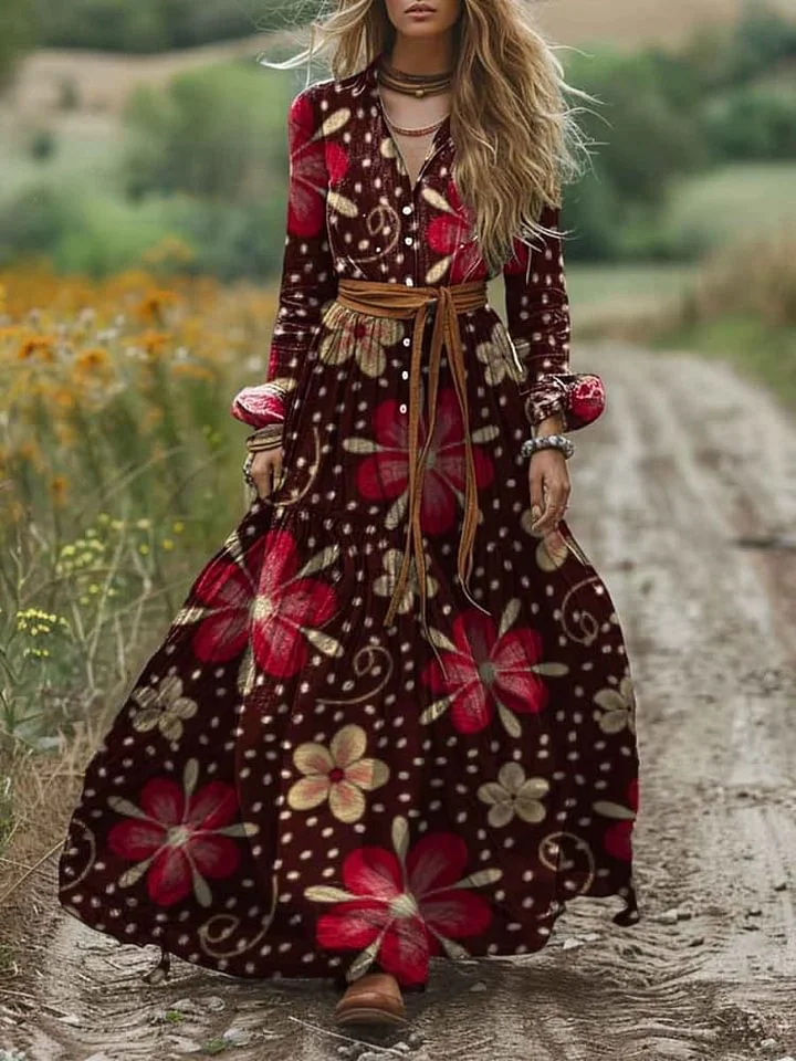 Women's Shirt Collar Printed Long Sleeve Pocket Cotton A-Line Dress