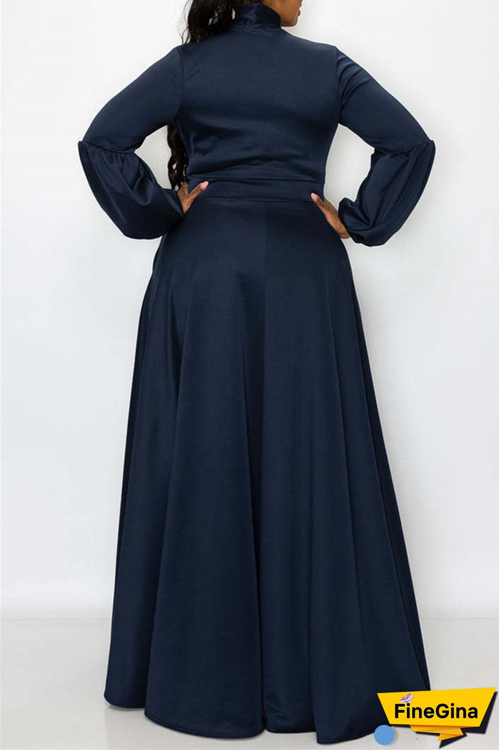 Tibetan Blue Casual Solid With Bow O Neck Long Sleeve Plus Size Dresses