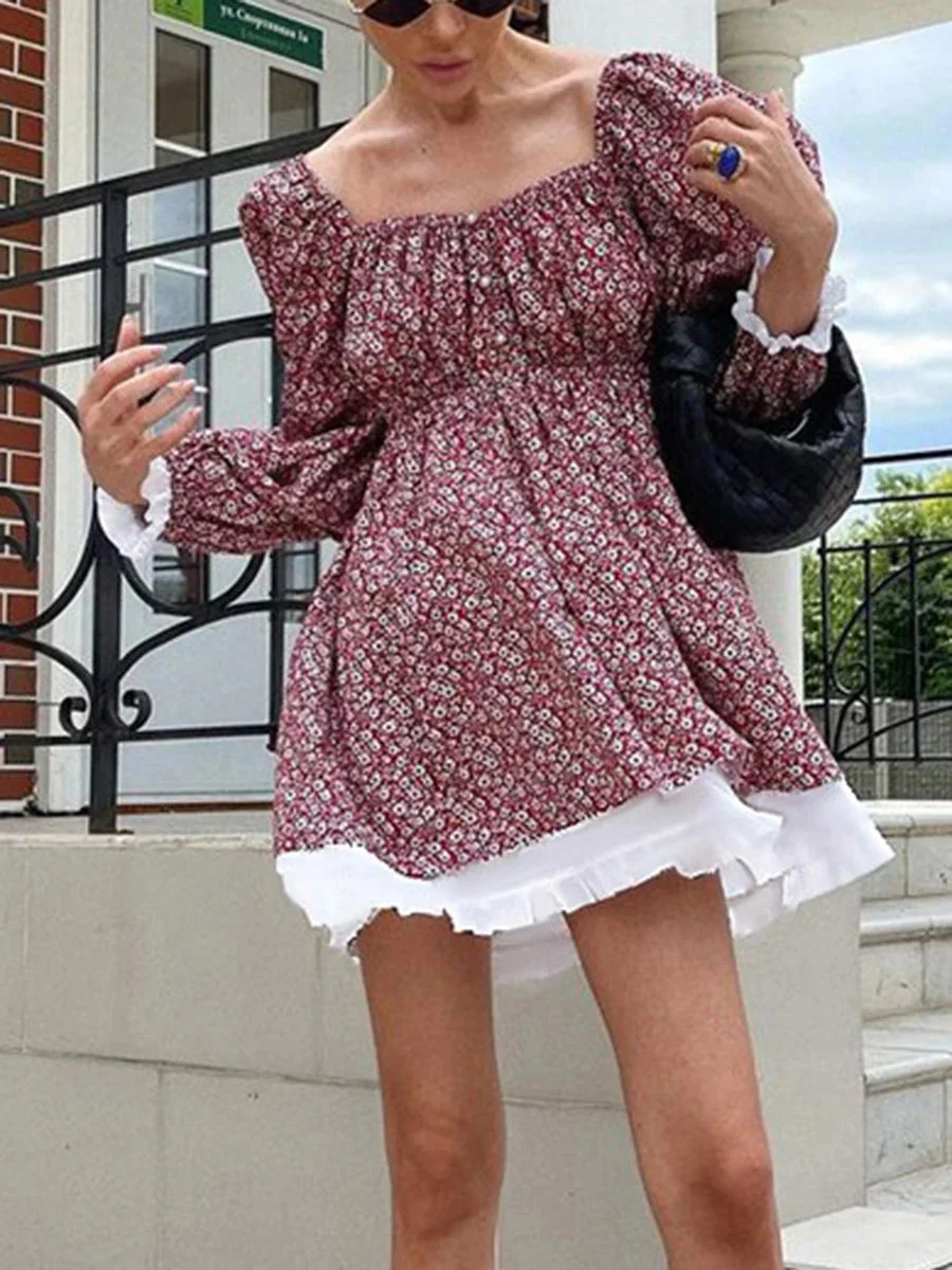 Nncharge Print Casual Mini Dress Female Square Collar Button Puff Sleeve Dresses Summer Vintage Elegant Chic Women Vestidos 2024