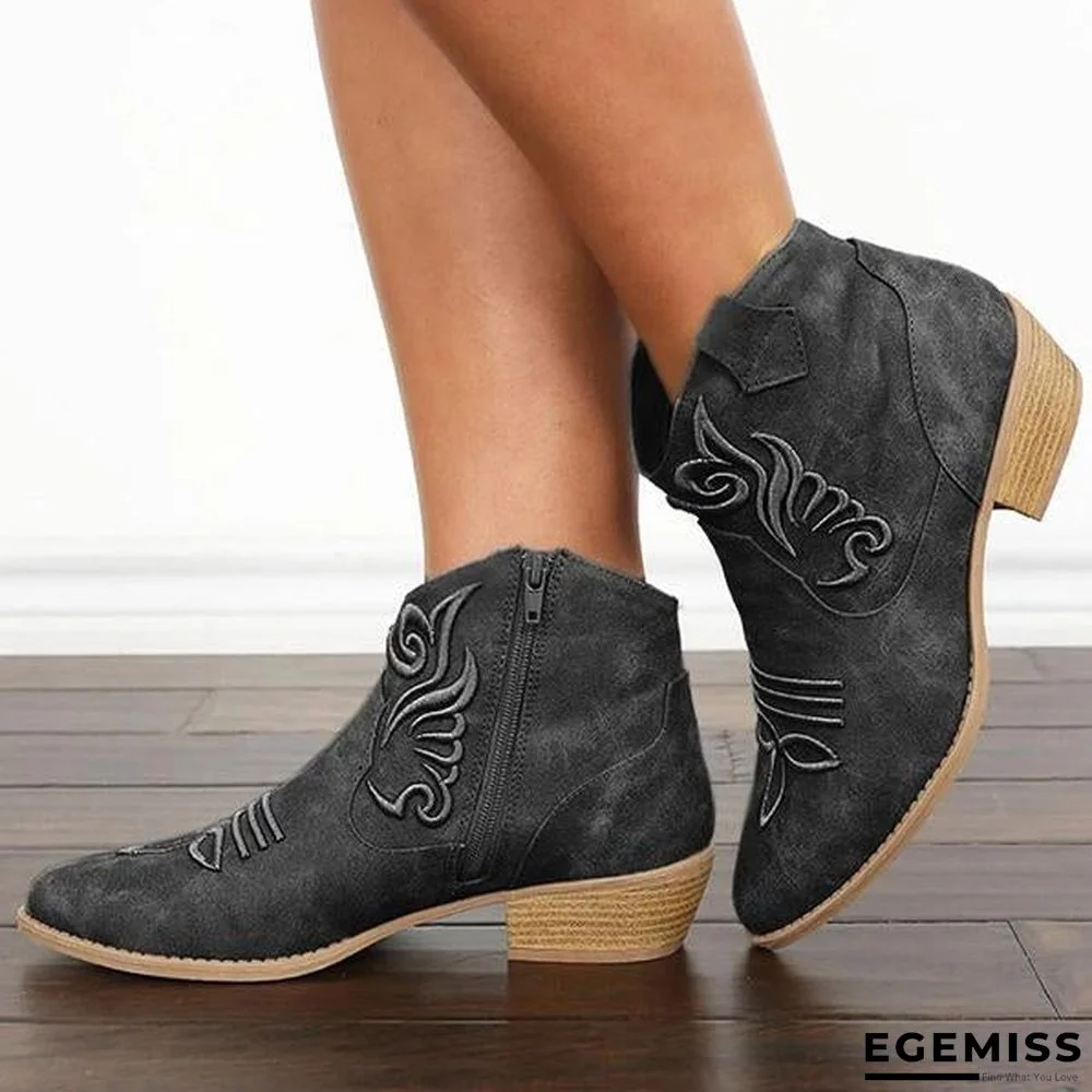 Embroidery Zipper Vintage Round Toe Boots | EGEMISS