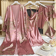 Areship Pink Print Flower 5PCS PAJAMAS SET Ice Slik Satin Home Clothing Robe&skirt&top&shorts Summer New Lingerie Lady Sexy Nightwear