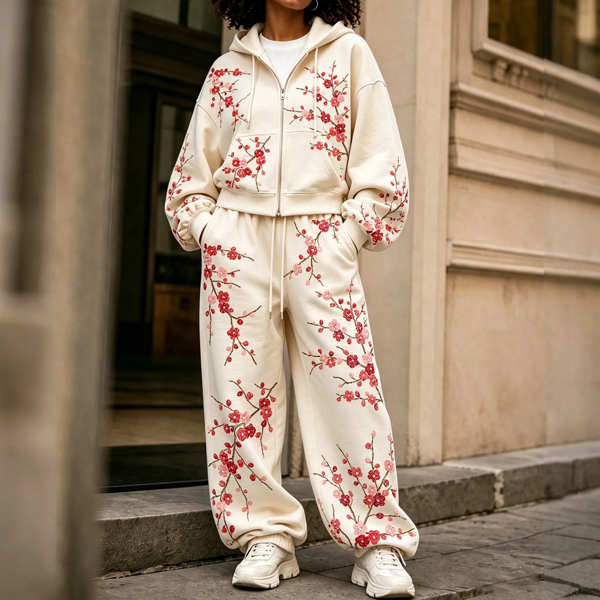 Comstylish Comstylish Women's Japanese Floral Art Print Zip Up Hoodie Two Piece Set