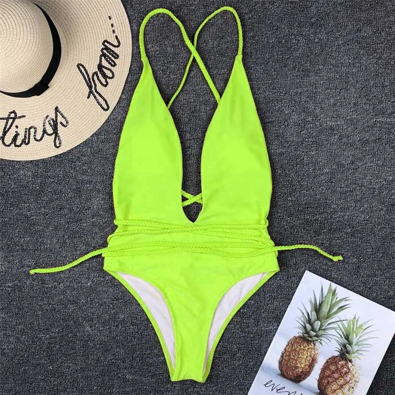 Halter Neon Deep V Swimsuit