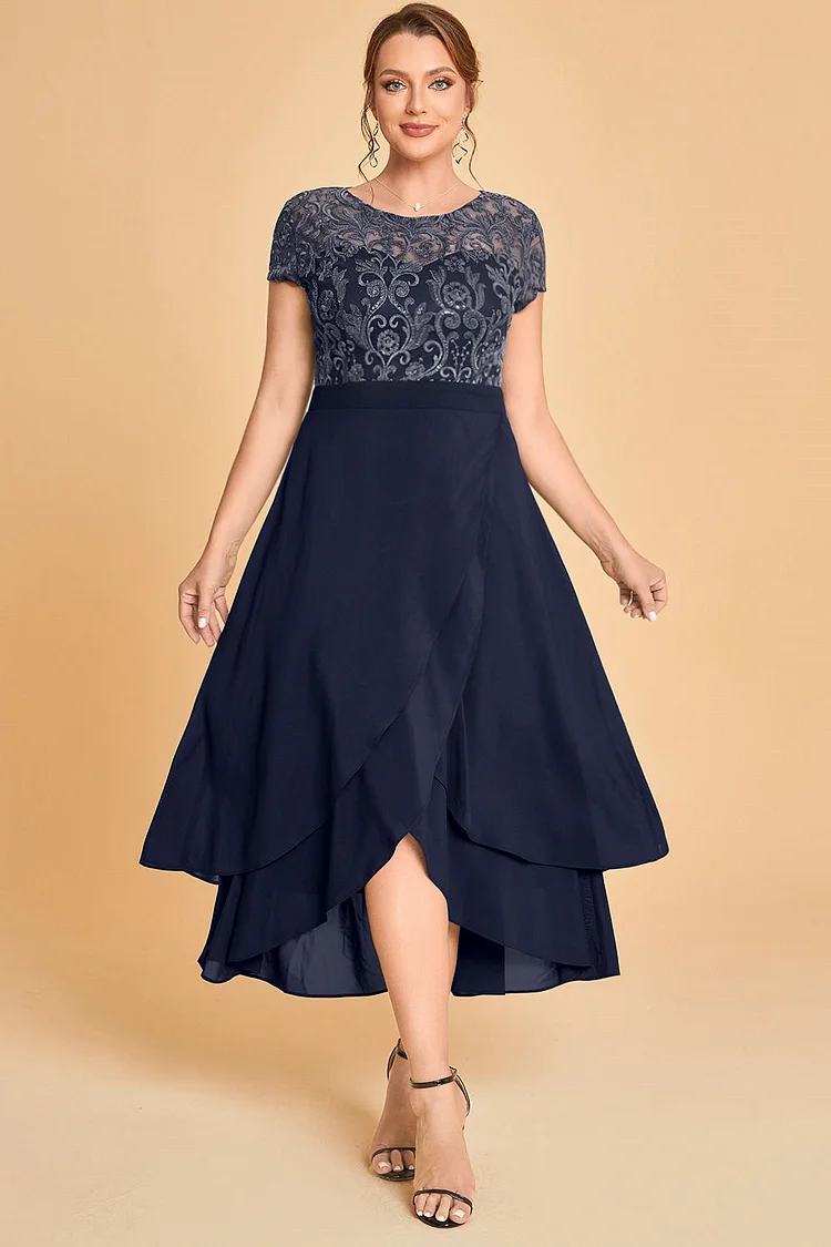 Flycurvy Plus Size Mother Of The Bride Navy Blue Sequin Chiffon Lace Crossover Hem Split Tea-Length Dress  Flycurvy [product_label]