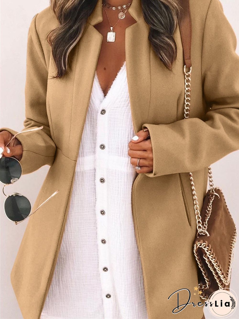 Solid Color Slim Long Sleeve Pocket Ladies Coat