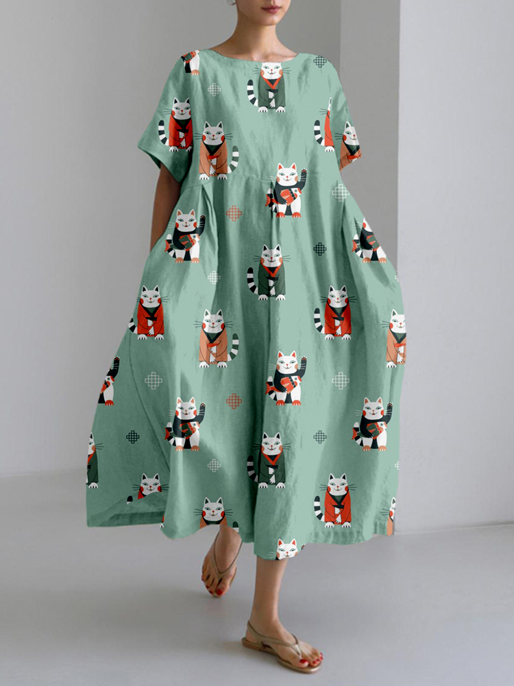 Comstylish Japanese Lucky Cats with Fish Linen Blend Maxi Dress