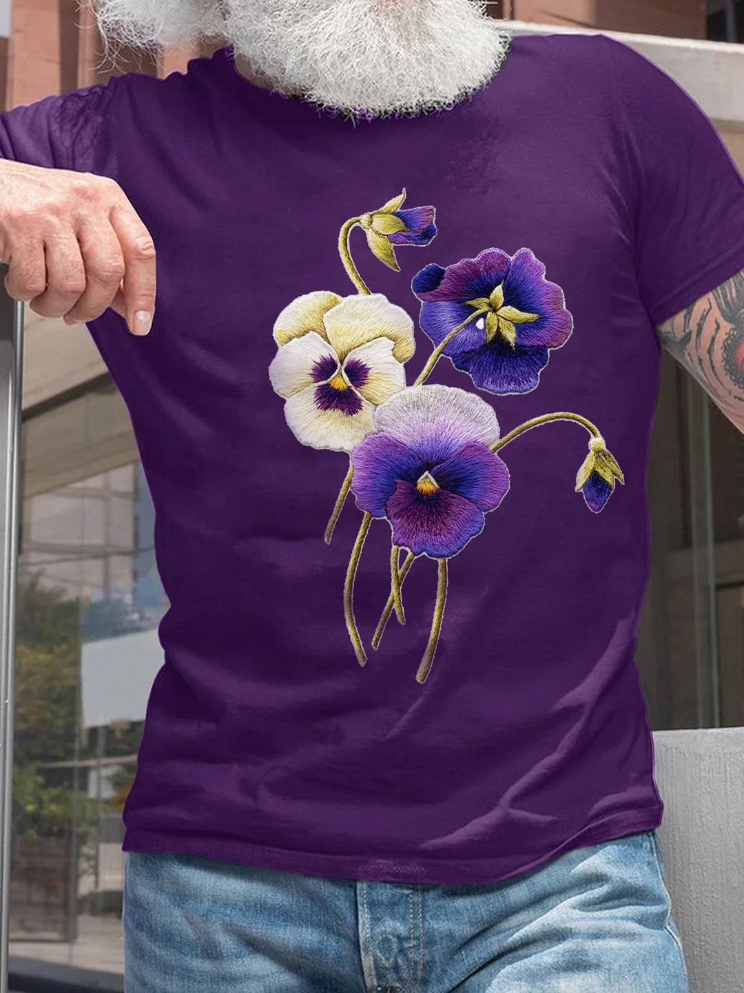 Men's Purple Floral Print Short Sleeve Casual T-Shirt