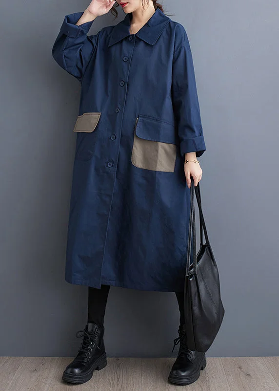Navy Pockets Button Cotton Trench Peter Pan Collar Fall