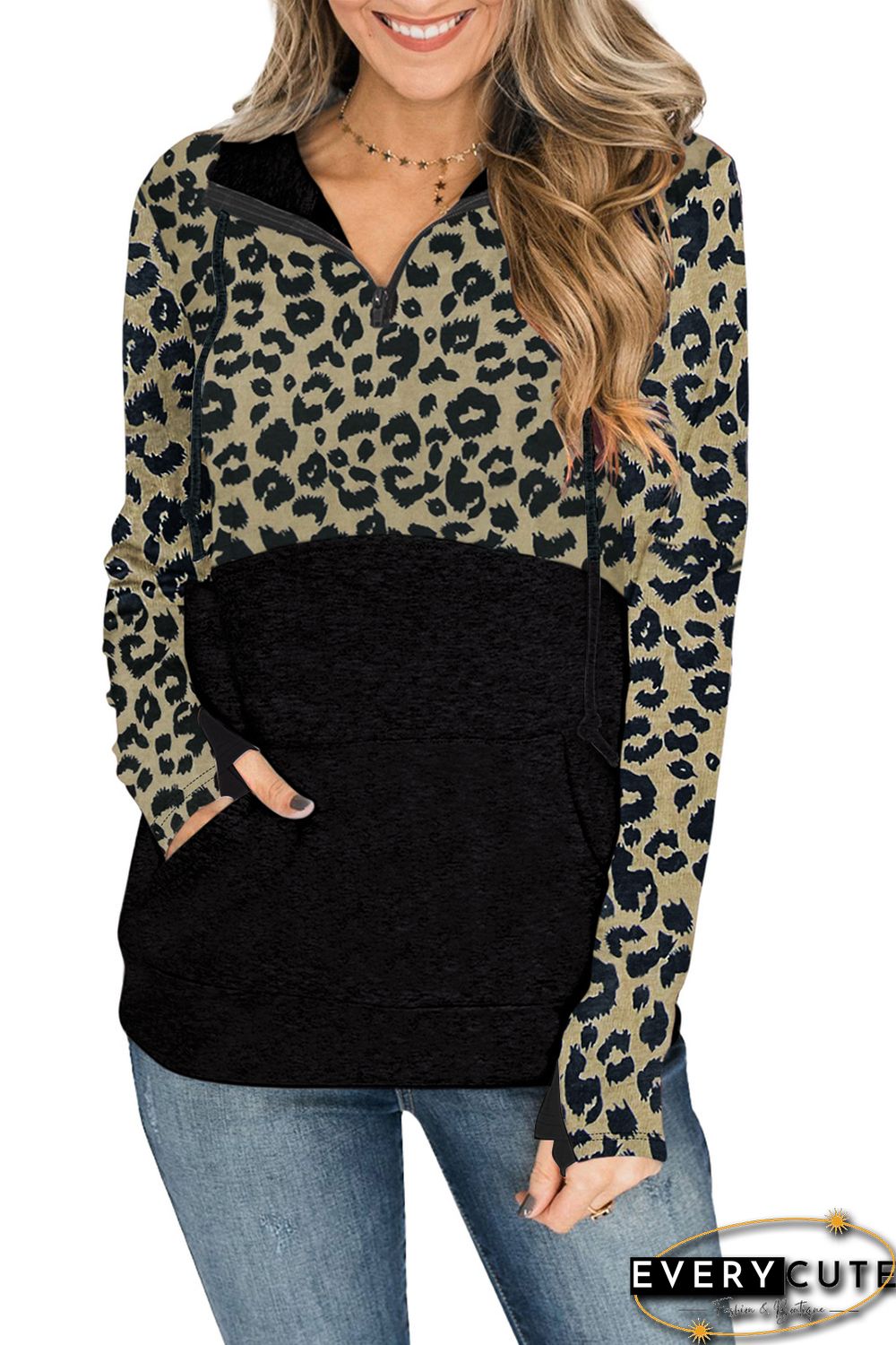 Leopard Print Color Block Patchwork Zip Collar Sweatshirt