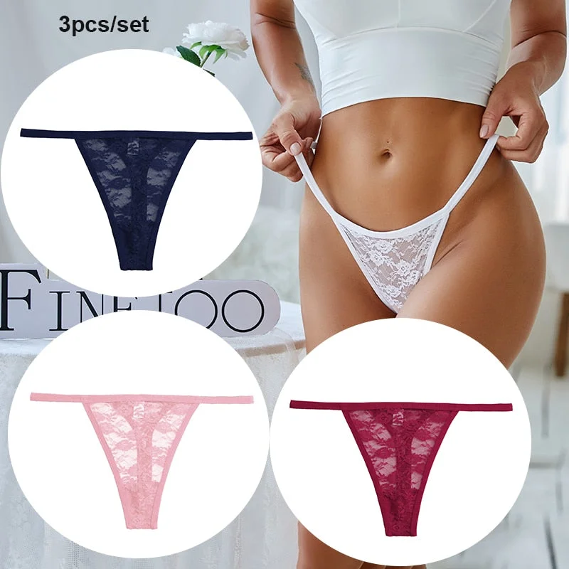 FINETOO 3PCS/Set Women Lace Sexy G-string Perspective Lingerie Temptation Panties Thong Underwear Panty Female Intimates M-XL