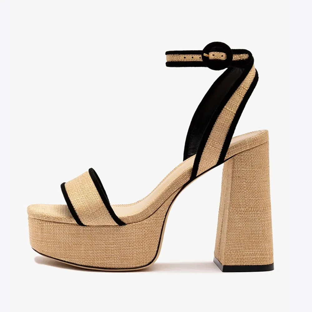 Beige & Black Chunky Heel Buckle Cross Ankle Strap Platform Sandals