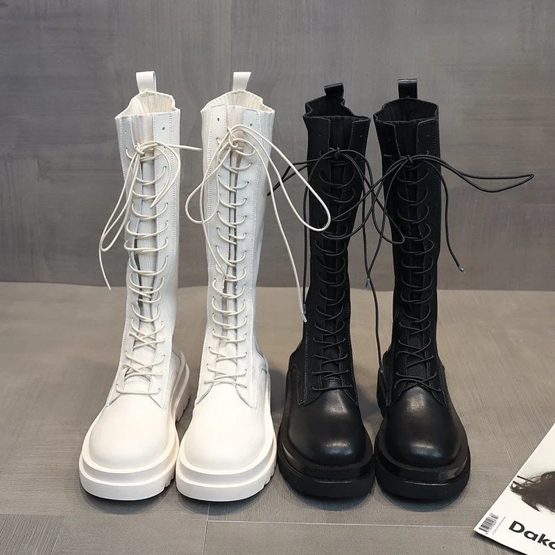 Women Sock Boots Autumn Lace up Mid Calf Boots Female High Platform Sock Shoes Fashion Beige Stockings Boots  Mid-calf