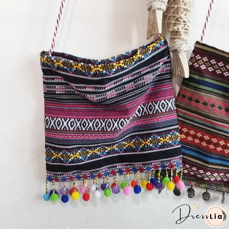 New Handmade Original Retro Storm Bohemian Canvas Bag Ethnic Style Fur Ball Tassel Crossbody Bag Shoulder Bag