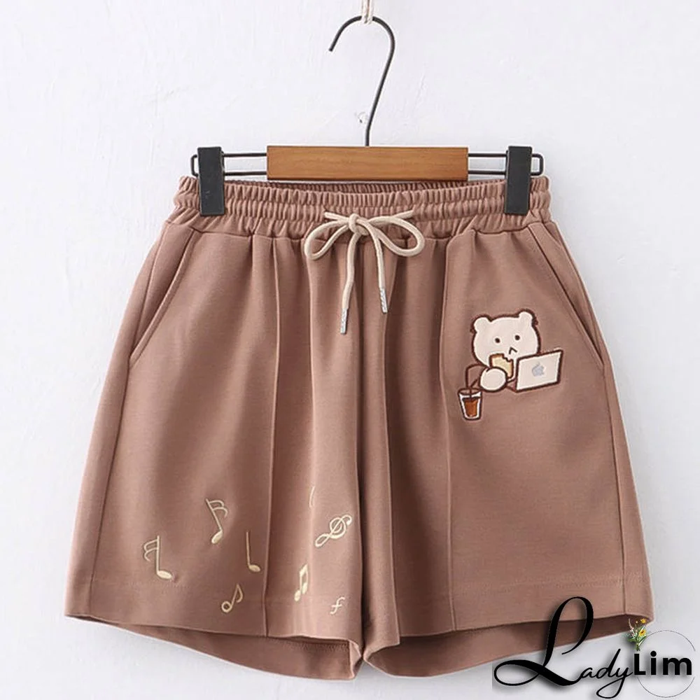 Bear Note Embroidery Pocket Drawstring Shorts