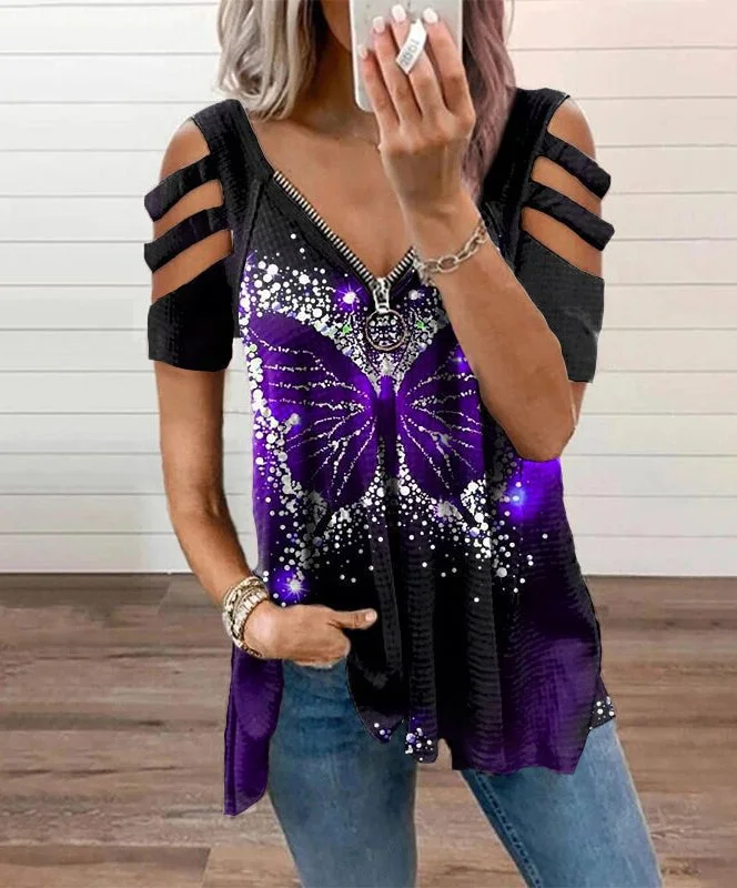 Butterfly Fashion women's V-neck casual loose zipper pullover T-shirt in summer