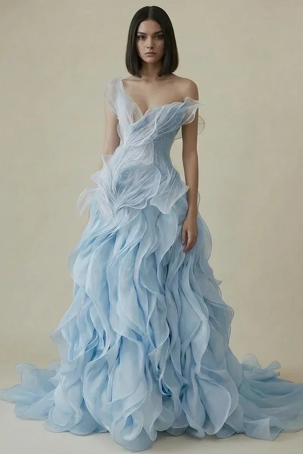 Lussooy Dreamy Sky Blue V-Neck Ruffles Pleated Evening Dress