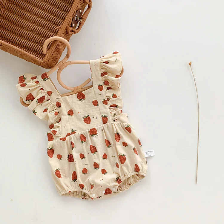 Newborn Baby Girl 95% Cotton  Summer Strawberry Print Flutter Sleeve Sweet Bodysuit