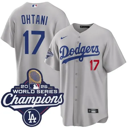 Men's Los Angeles Dodgers #17 Shohei Ohtani  Gray 2025 World Series Champions Home Limited Jersey