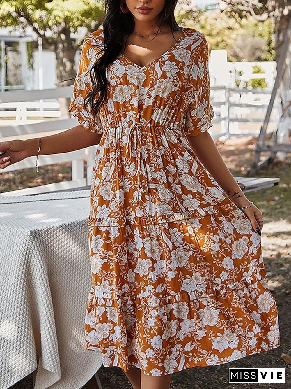 Women's Swing Dress Knee Length Dress Black Blushing Pink Orange Green Navy Blue Short Sleeve Floral Print Spring Summer V Neck Casual  S M L XL