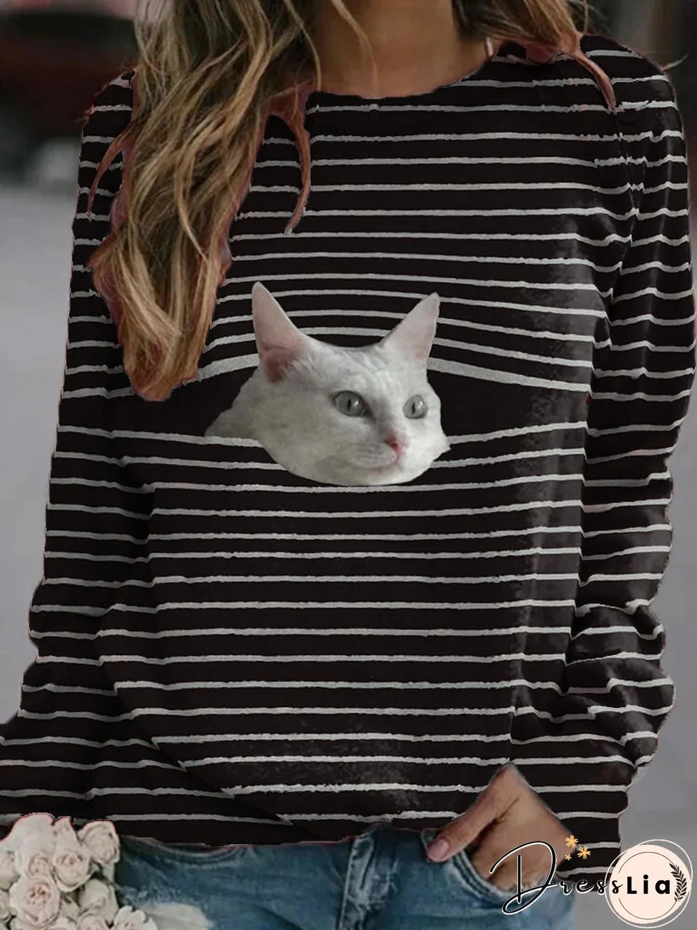 Cat Print Long Sleeve Casual Striped Sweatshirt For Women