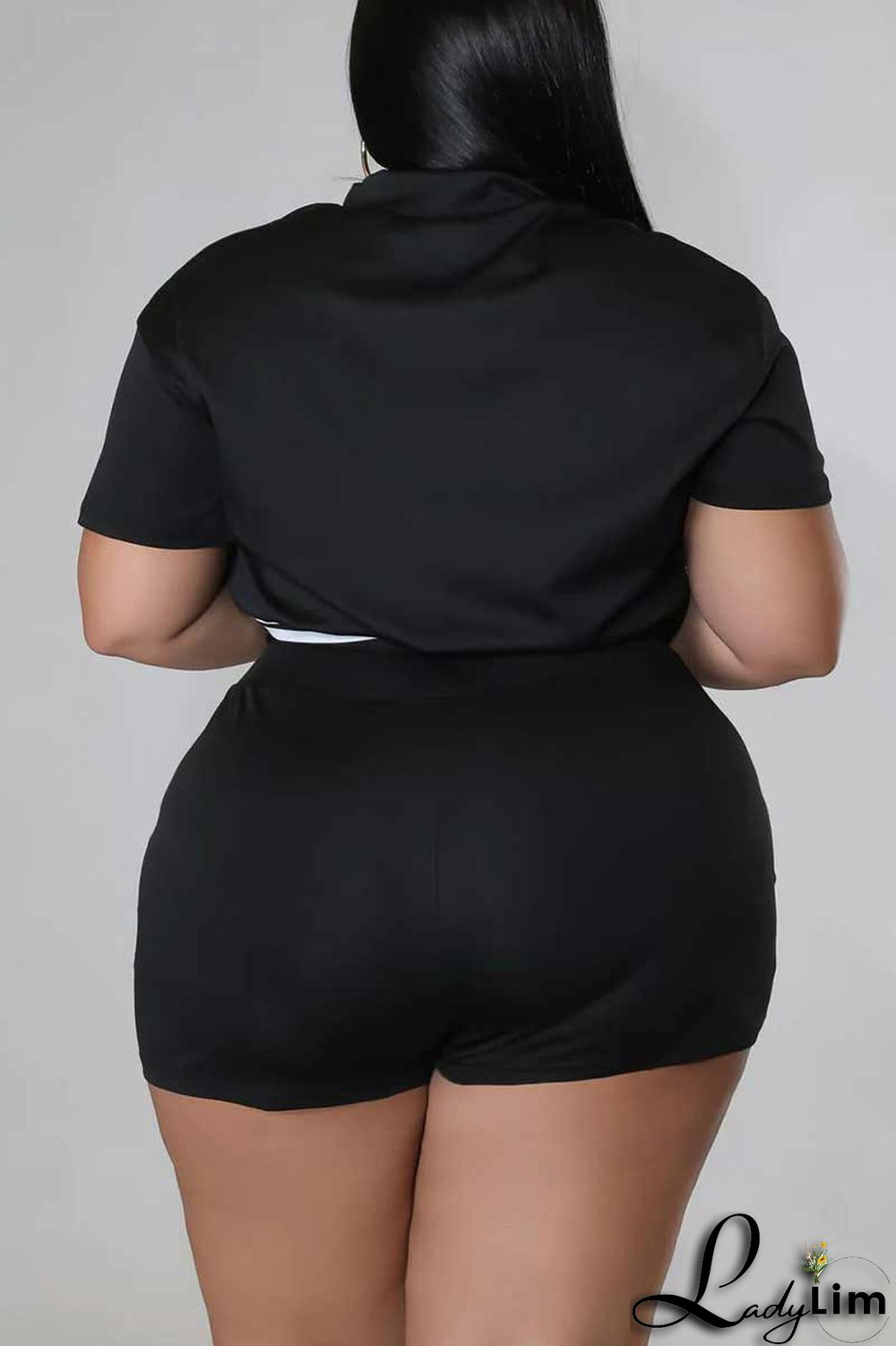 Black Casual Solid Patchwork Zipper Plus Size Two Pieces
