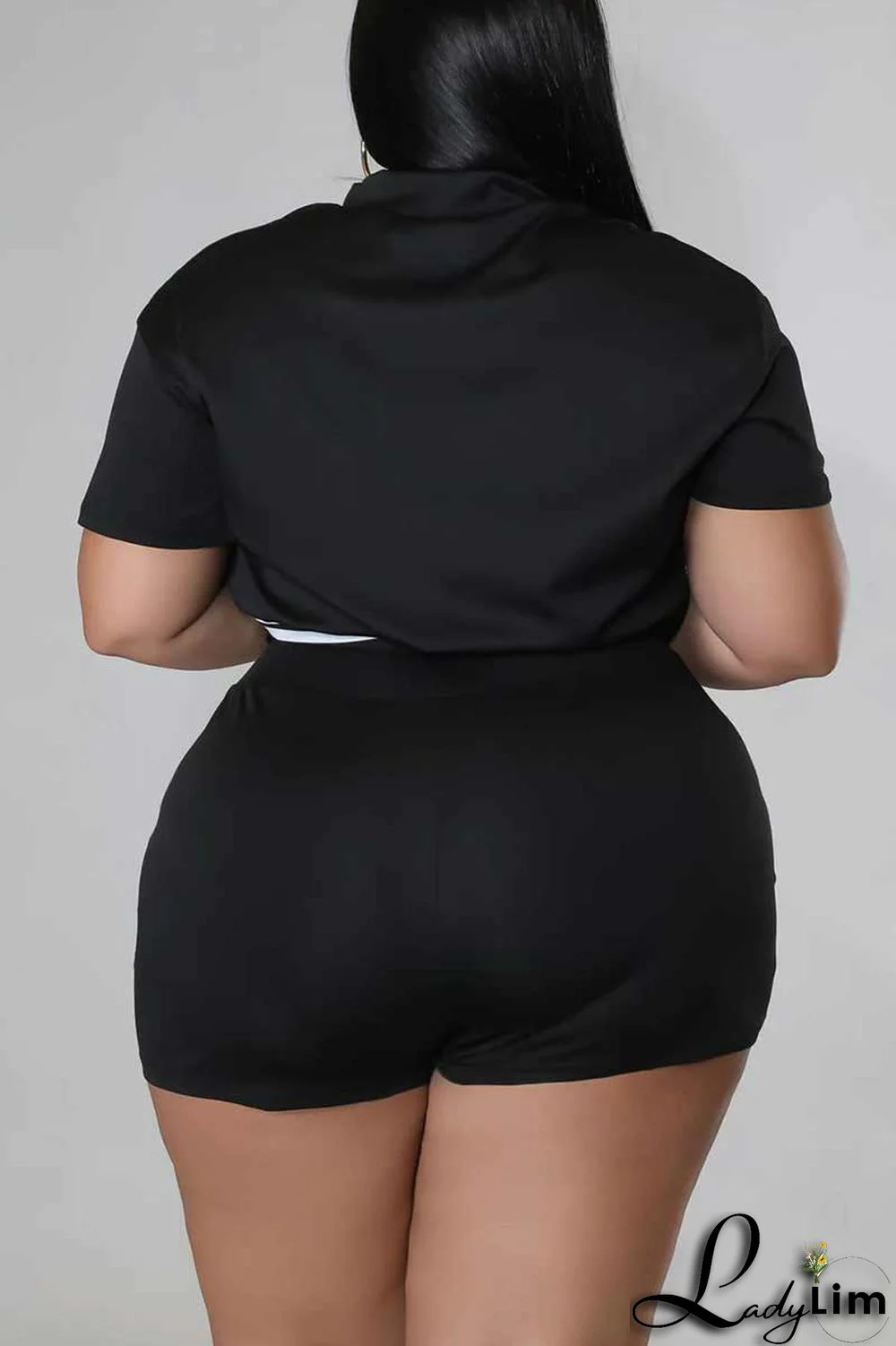 Black Casual Solid Patchwork Zipper Plus Size Two Pieces