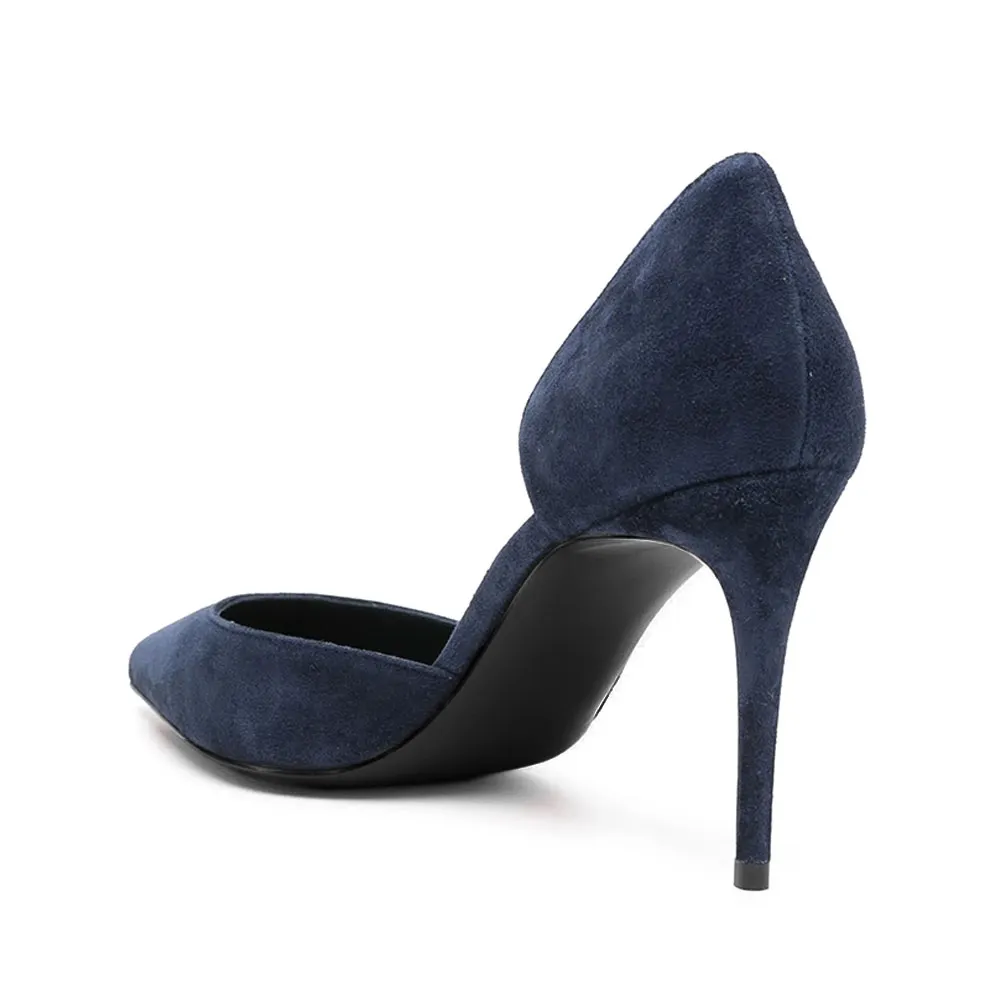 Vegan Suede Closed Pointed Toe Slip On D'Orsay Navy Blue Heels