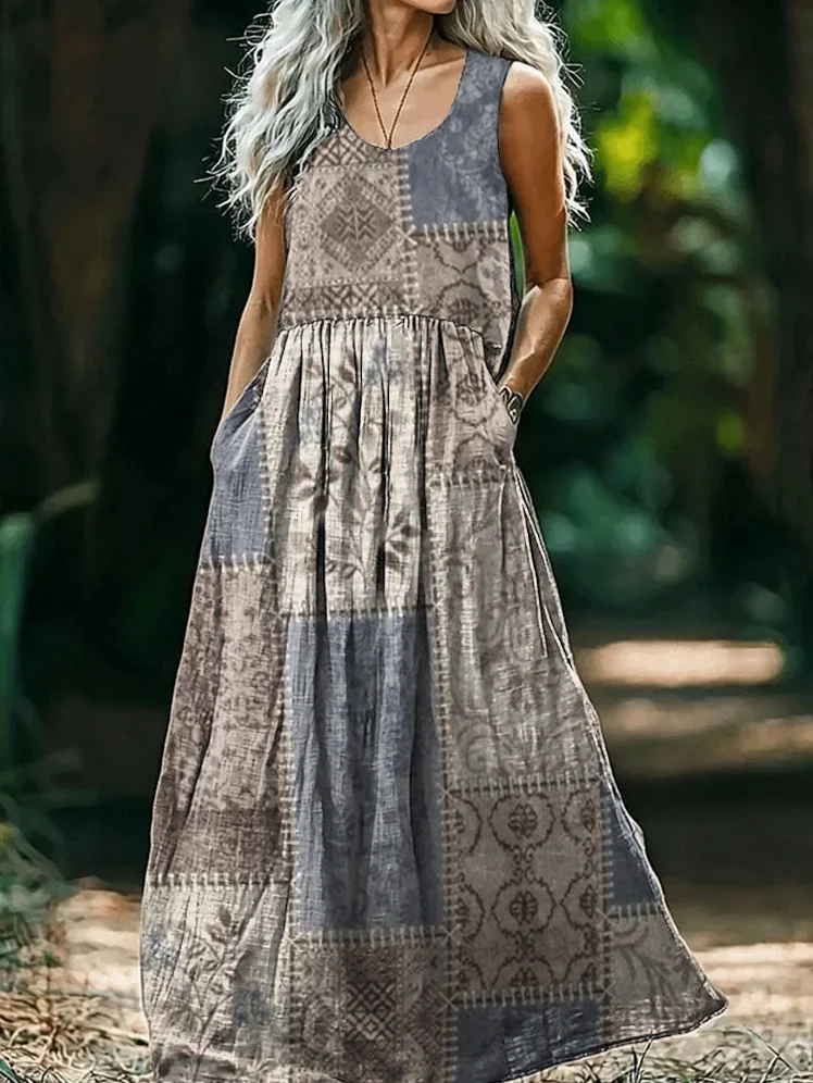 Women's Floral Patchwork Art Print Round Neck Sleeveless Cotton Pocket Dress